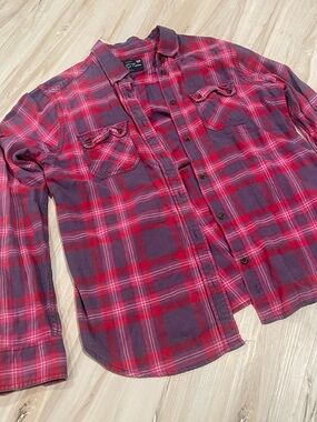 American Eagle Plaid Flannel Shirt Favorite Fit Pink Purple Size L Button Up